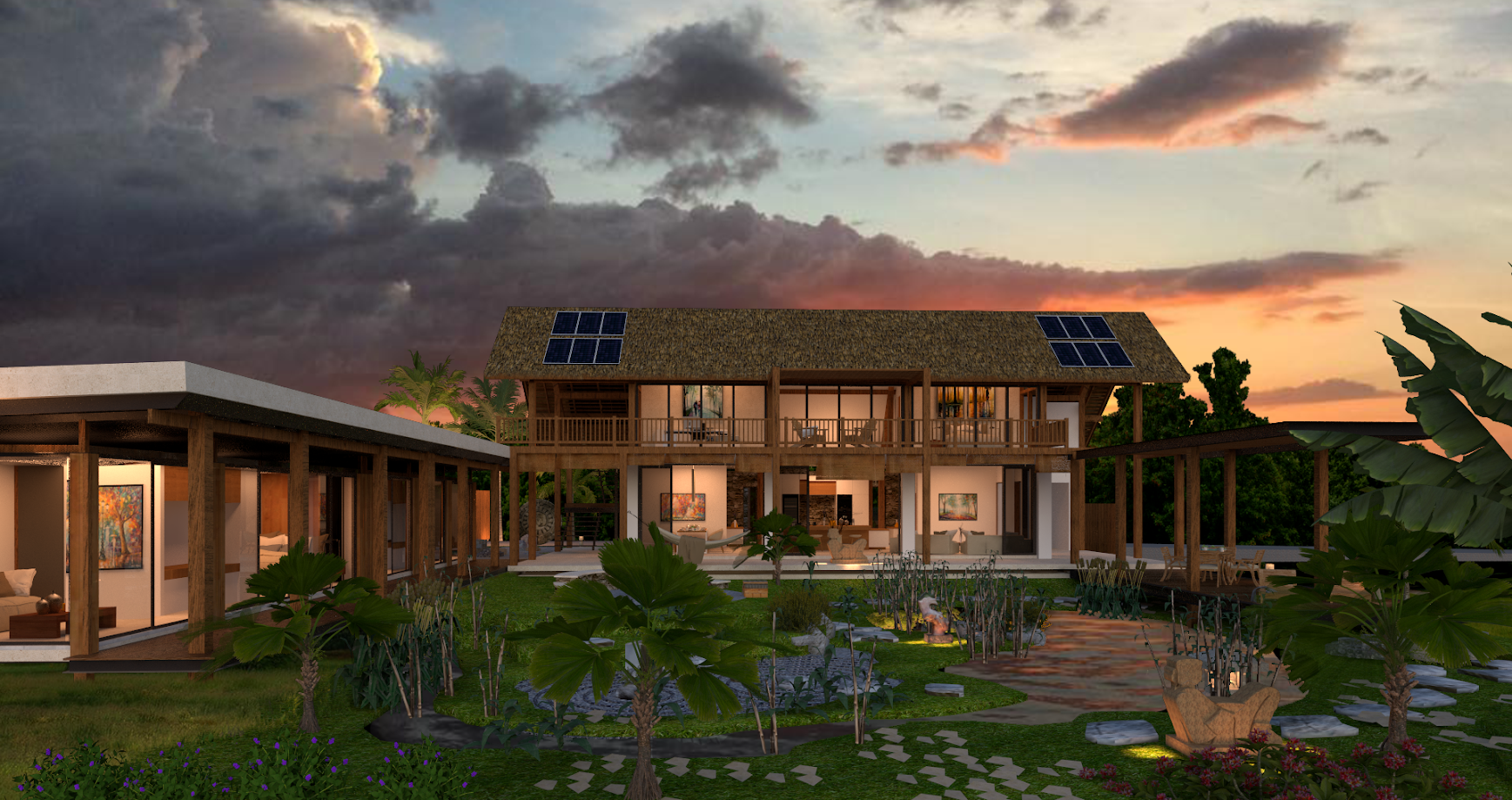Eco Villa — sunset facade & gardens