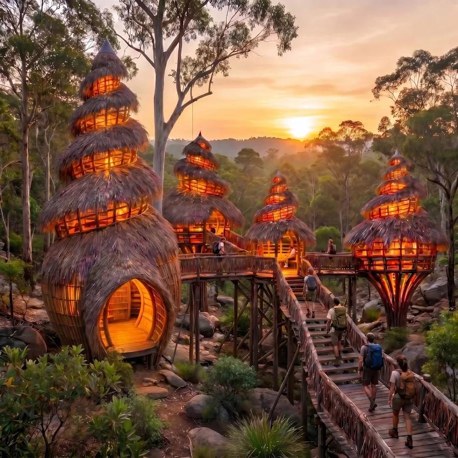 Glamp cluster at sunset