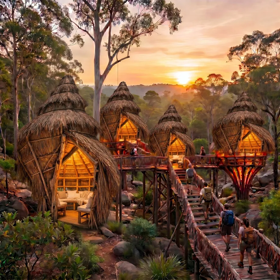 Thatched pods & connecting walkways