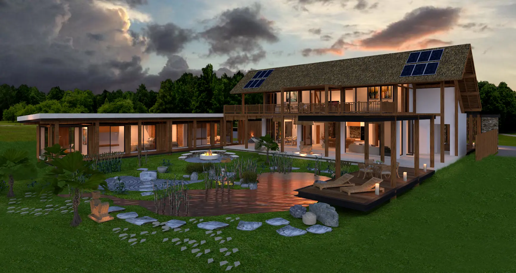 Eco Villa — evening arrival & courtyard